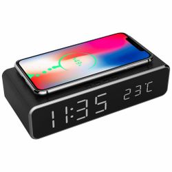 Digital väckarklocka med trådlös laddningsfunktion (grå/silver)