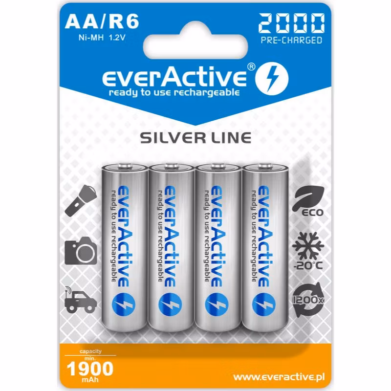 Uppladdningsbara batterier 4 st everActive R6/AA Ni-MH 2000 mAh  redo att användas