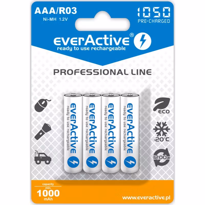 Uppladdningsbara batterier 4x everActive R03 / AAA Ni-MH 1050 mAh redo att användas