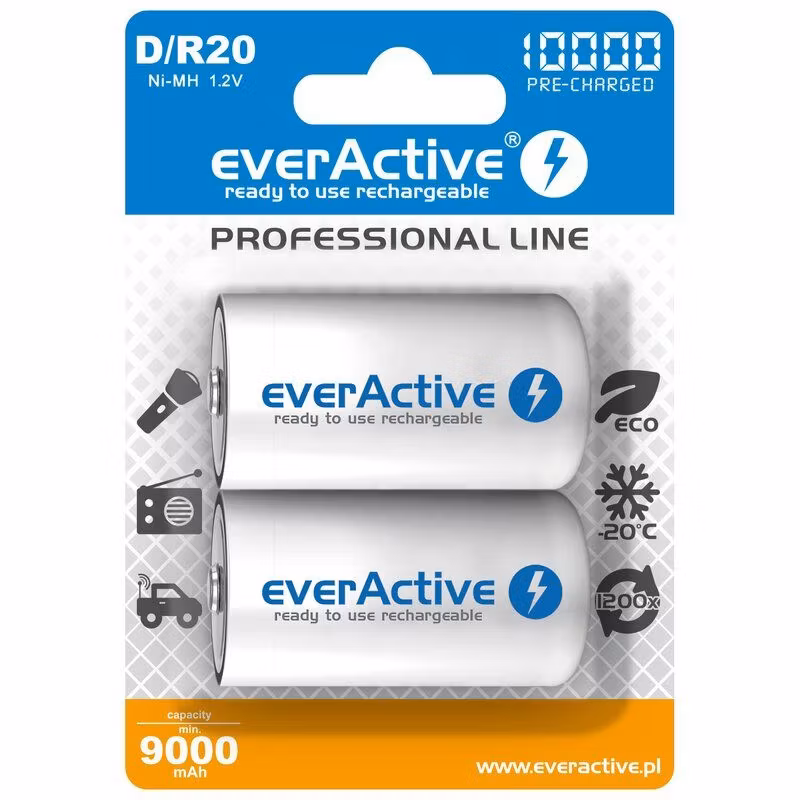 Uppladdningsbara batterier 2x everActive R20/D Ni-MH 10,000 mAh