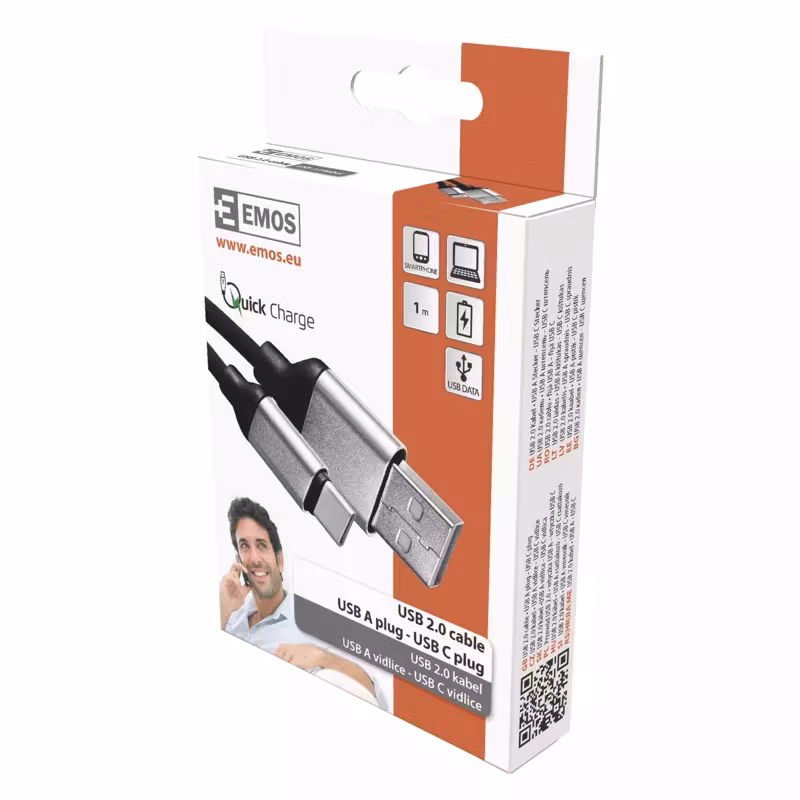 USB-kabel 2.0 A/Hane - C/Hane 1m svart