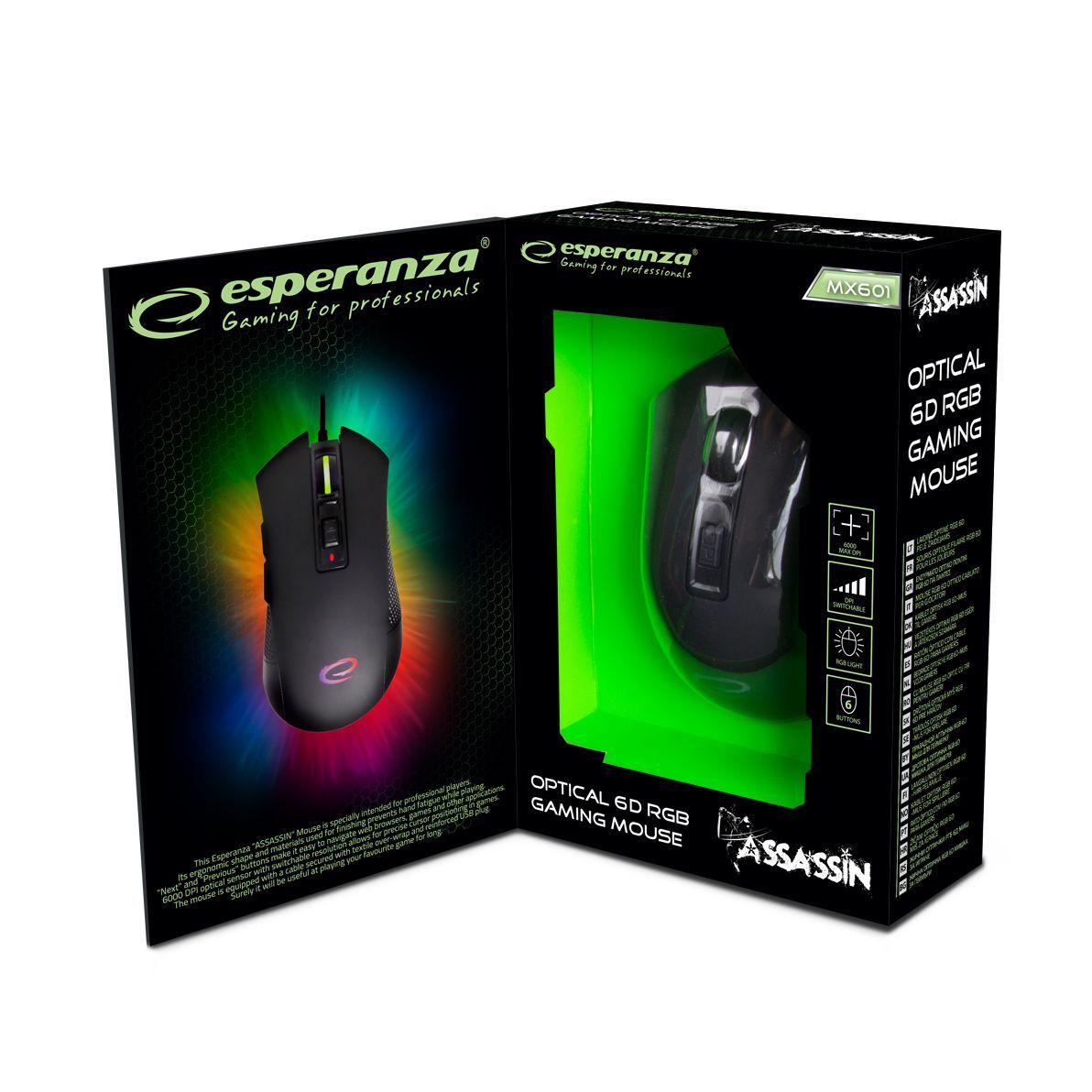 ESPERANZA TRÅDAD MUS FÖR GAMERS LED RGB 6D OPT. USB ASSASSIN svart