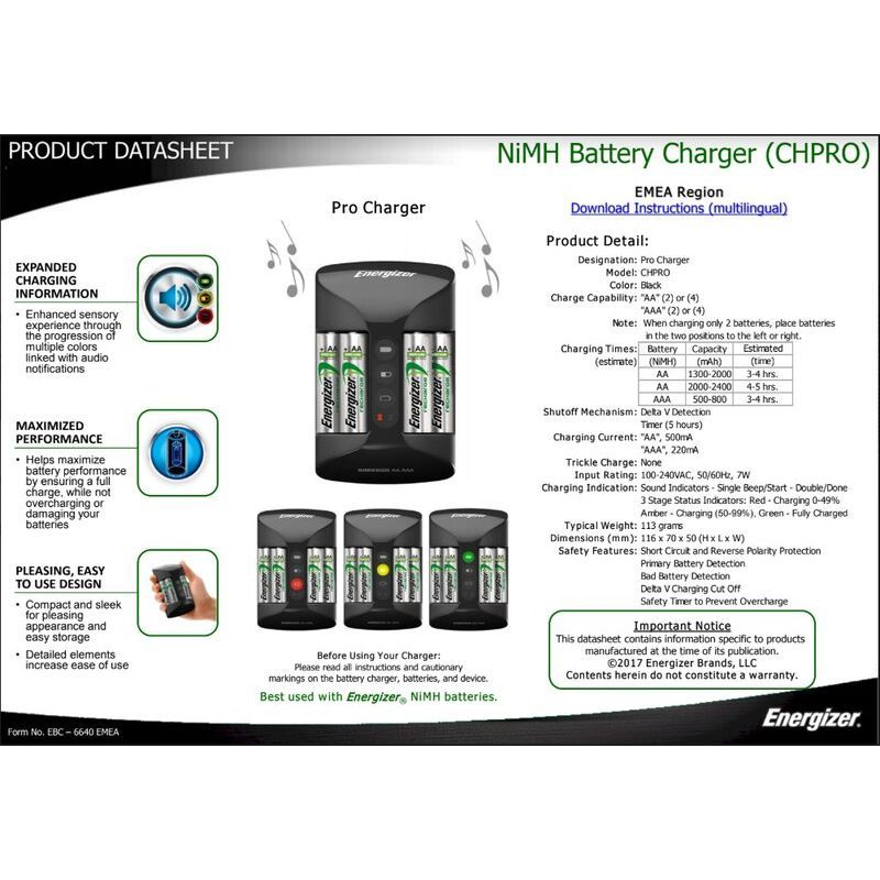 Laddare + 4 x R6/AA 2000 mAh Energizer Pro