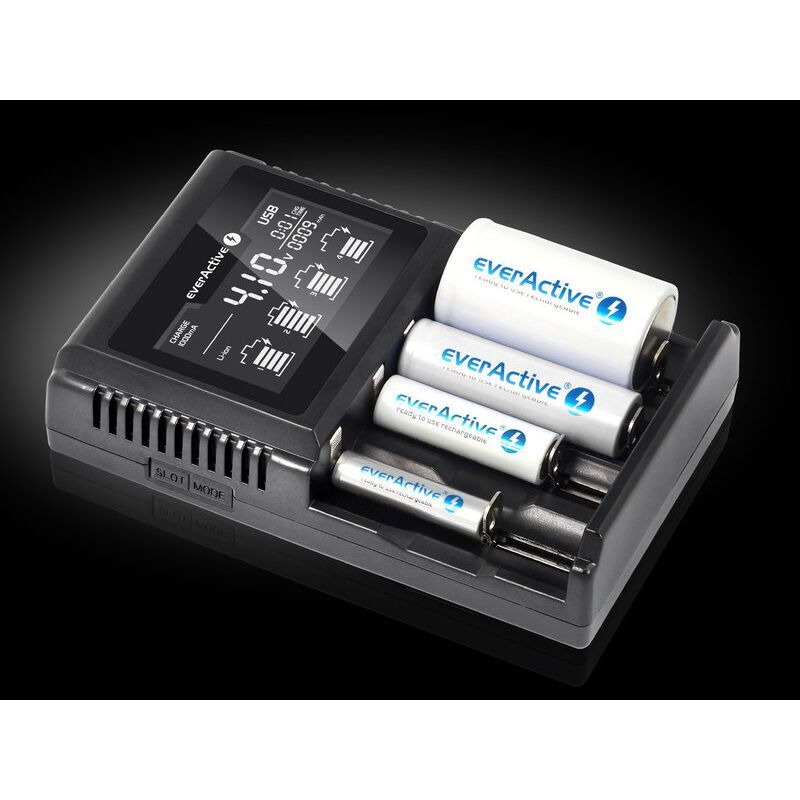 Laddare för Li-Ion och Ni-MH uppladdningsbara cylindriska batterier everActive UC-4000