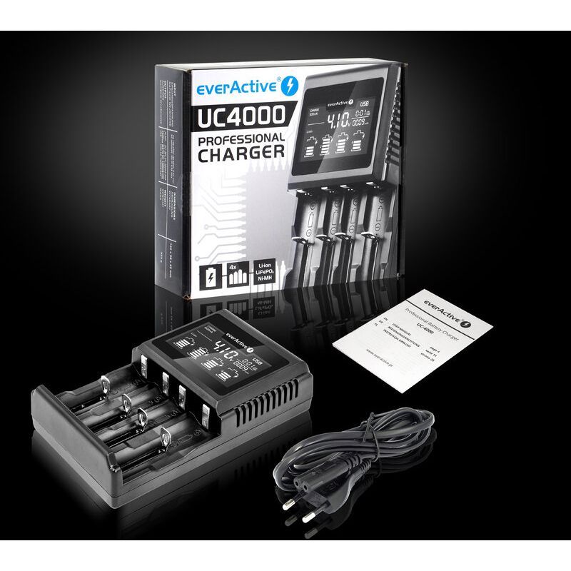 Laddare för Li-Ion och Ni-MH uppladdningsbara cylindriska batterier everActive UC-4000