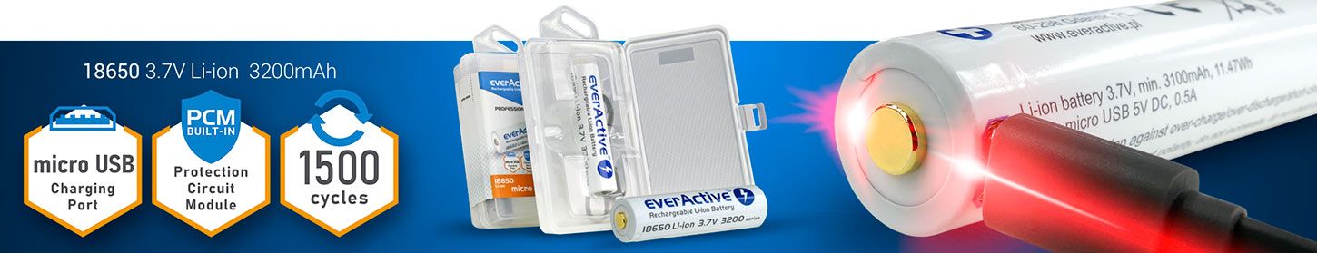 18650 everActive 3,7V Li-ion 3200mAh mikro USB-batteri med BOX-skydd