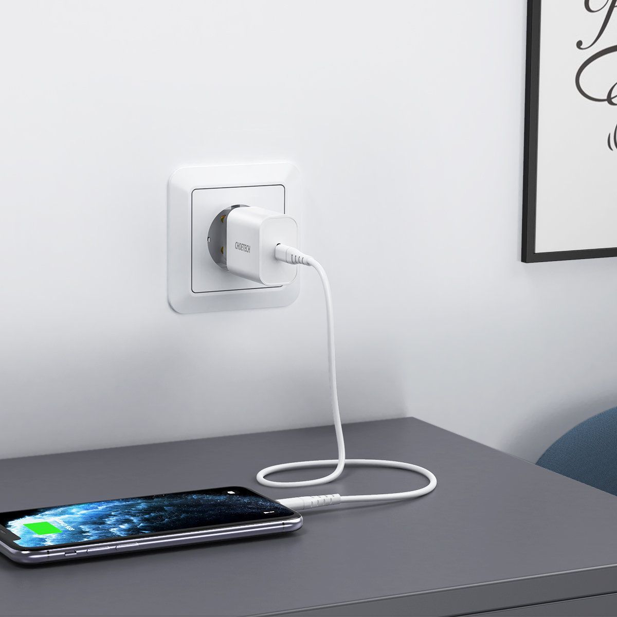 Choetech USB väggladdare Typ C PD 20W vit i väggen