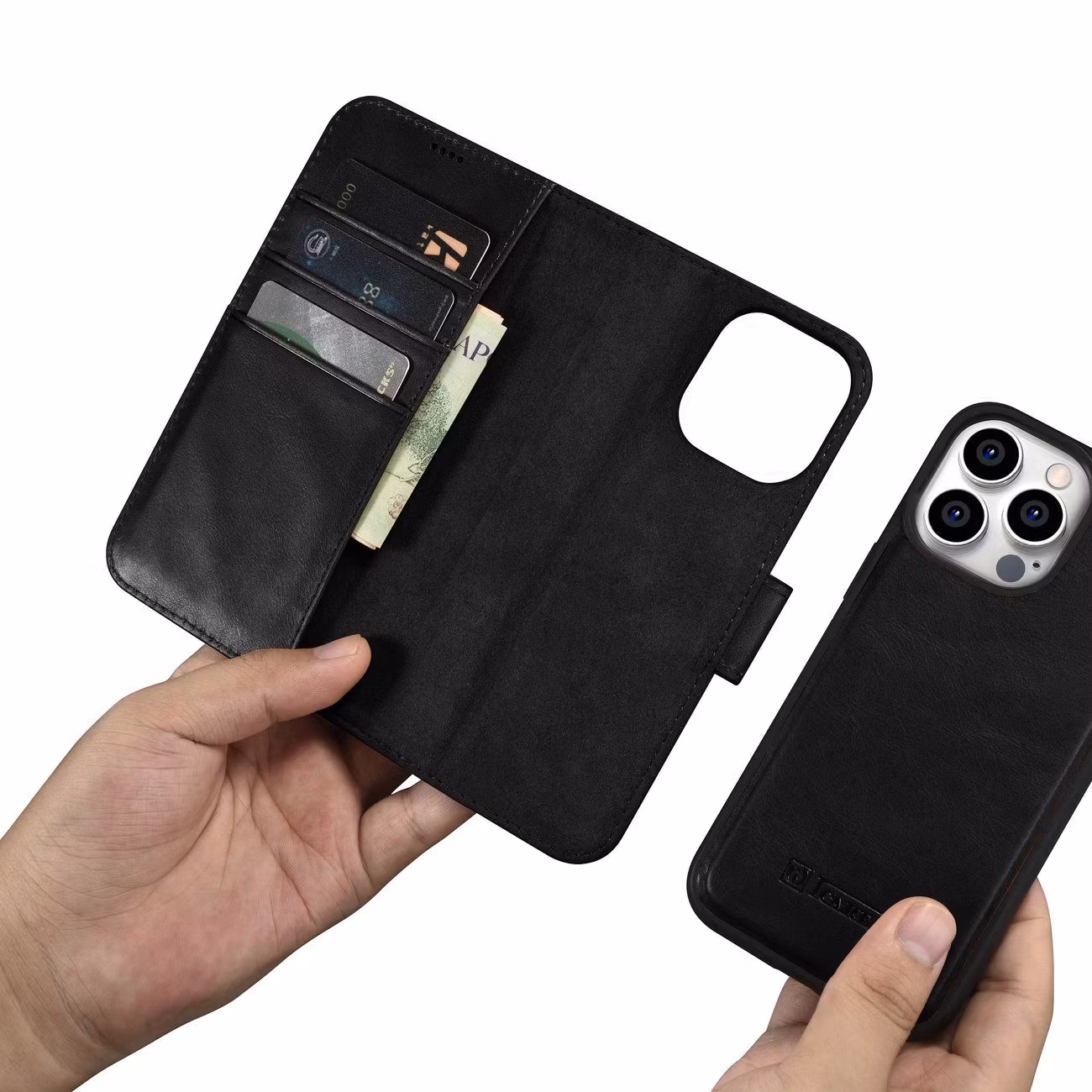 ICarer iPhone 14 Pro Max Plånboksfodral 2in1 Äkta Läder Anti-RFID - Svart bild 12