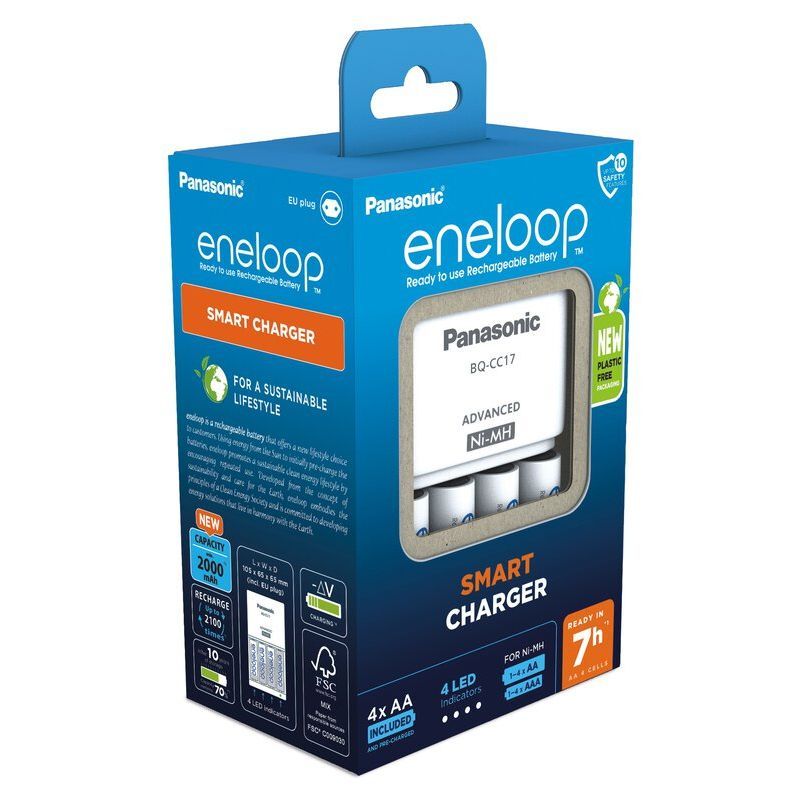 Uppladdningsbar batteriladdare Panasonic Eneloop BQ-CC17 + 4 x R6/AA