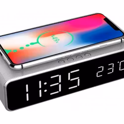 Digital väckarklocka med trådlös laddningsfunktion (grå/silver)