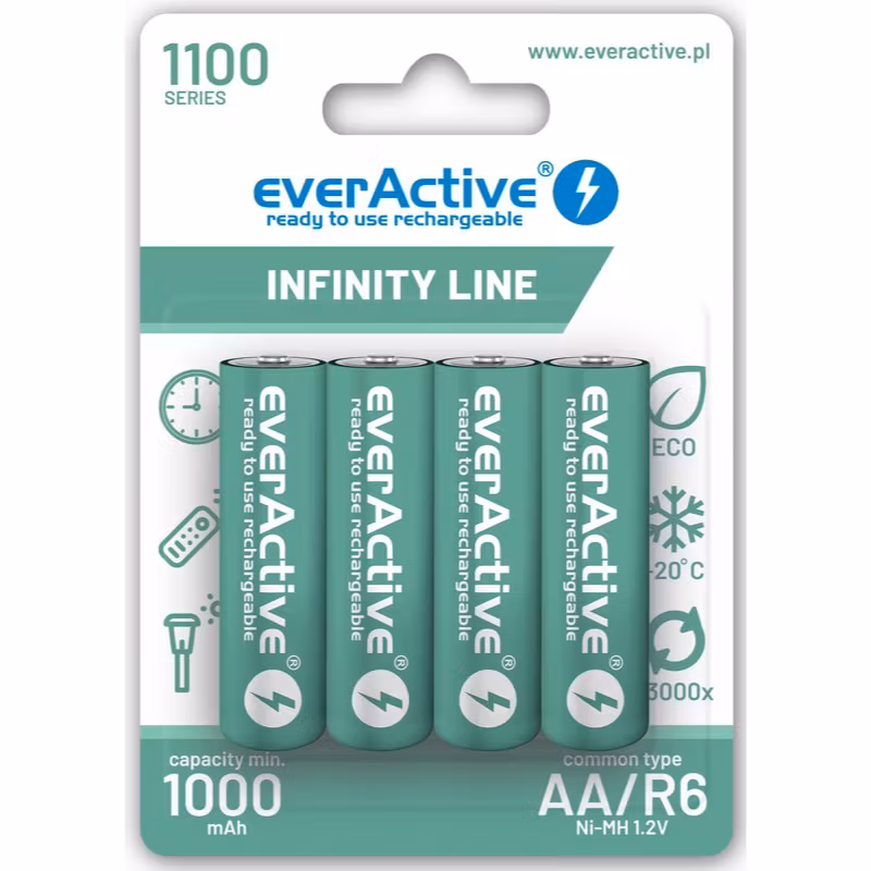 Uppladdningsbara batterier,  4 x everActive R6/AA Ni-MH 1100 mAh