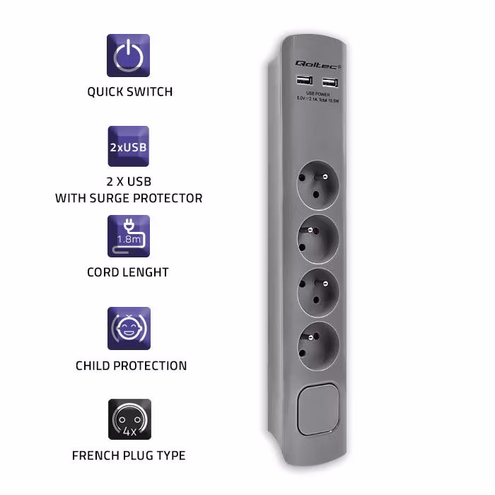 Qoltec överspänningsskydd | 4 uttag | 2 x USB | 1,8m | Grå
