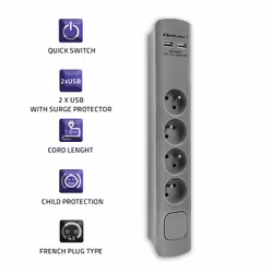 Qoltec överspänningsskydd | 4 uttag | 2 x USB | 1,8m | Grå
