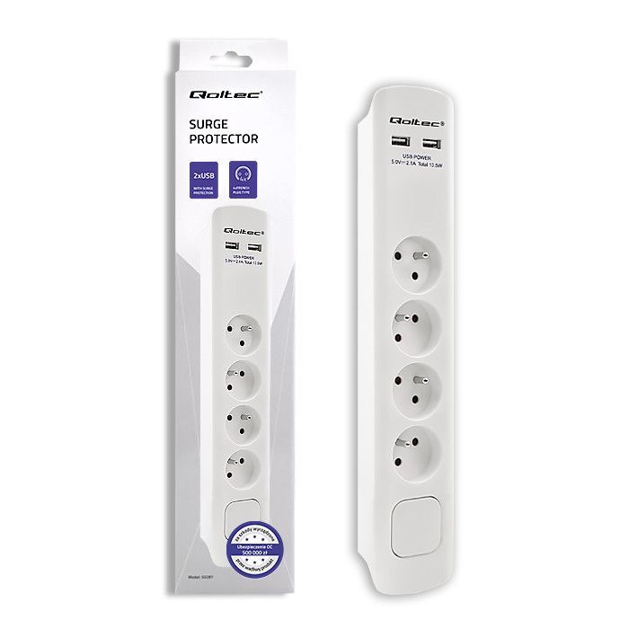 Qoltec överspänningsskydd | 4 uttag | 2 x USB | 1,8m | Vit