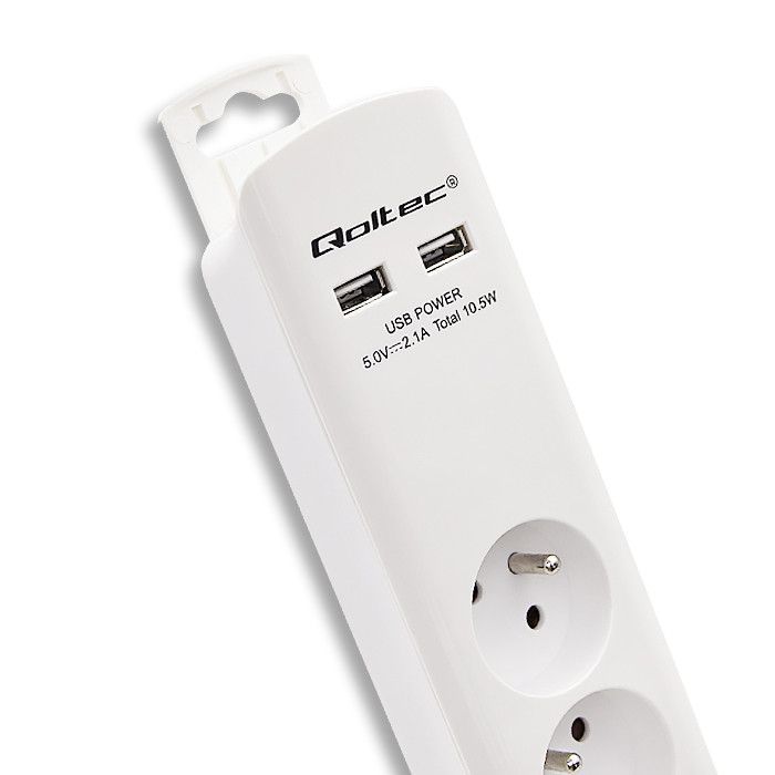 Qoltec överspänningsskydd | 4 uttag | 2 x USB | 1,8m | Vit