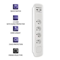 Qoltec överspänningsskydd | 4 uttag | 2 x USB | 1,8m | Vit