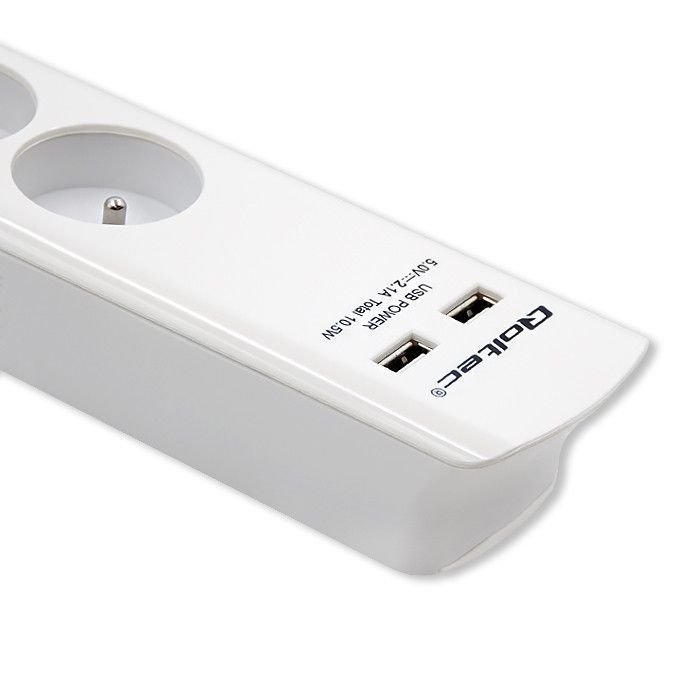 Qoltec överspänningsskydd | 4 uttag | 2 x USB | 1,8m | Vit