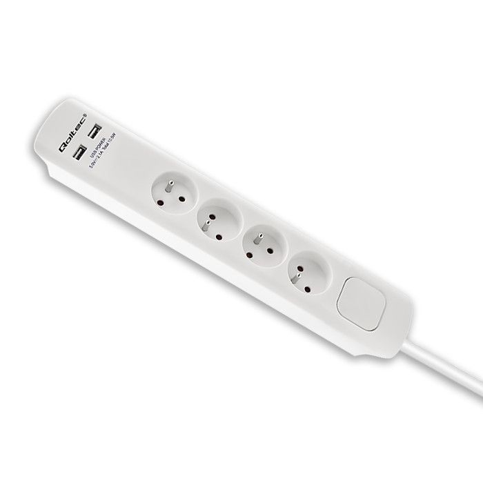 Qoltec överspänningsskydd | 4 uttag | 2 x USB | 1,8m | Vit