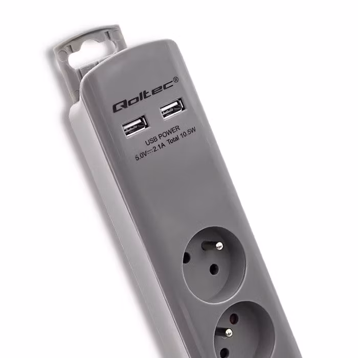 Qoltec överspänningsskydd | 8 uttag | 2 x USB | 1,8m | Grå