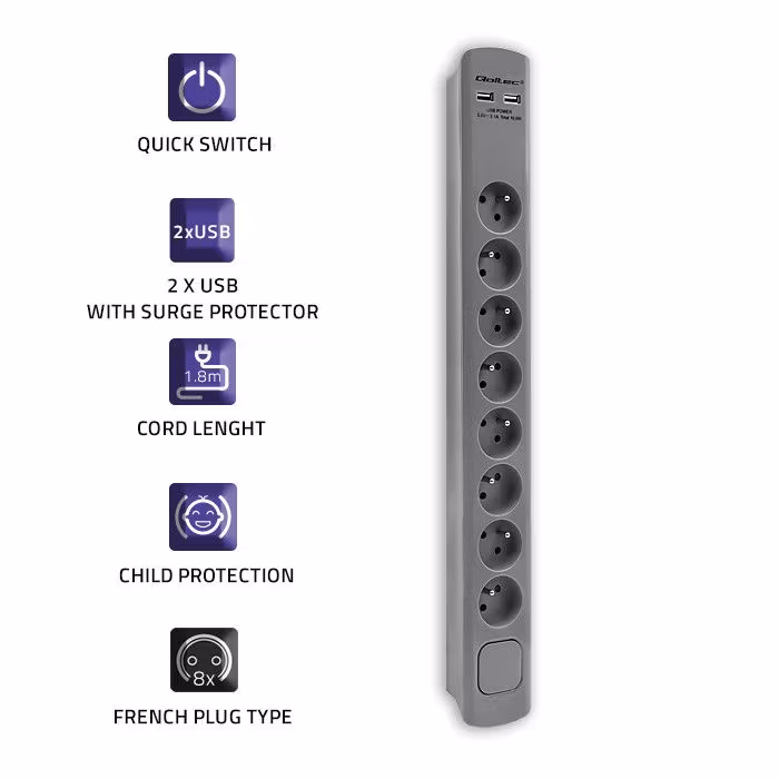 Qoltec överspänningsskydd | 8 uttag | 2 x USB | 1,8m | Grå
