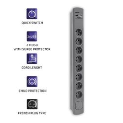 Qoltec överspänningsskydd | 8 uttag | 2 x USB | 1,8m | Grå