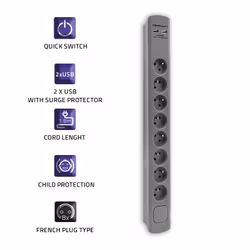 Qoltec överspänningsskydd | 8 uttag | 2 x USB | 1,8m | Grå