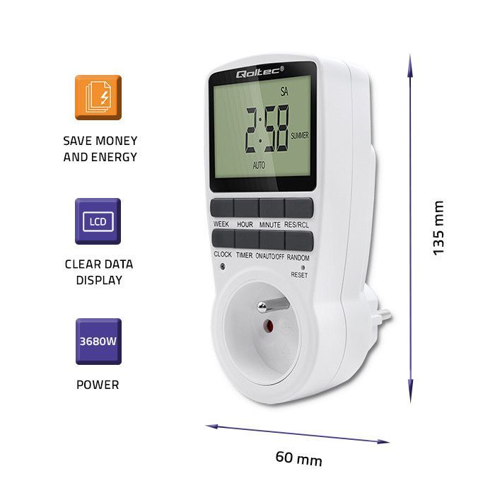 Qoltec elektronisk timer PC0628 | 3680W | 16A | LCD