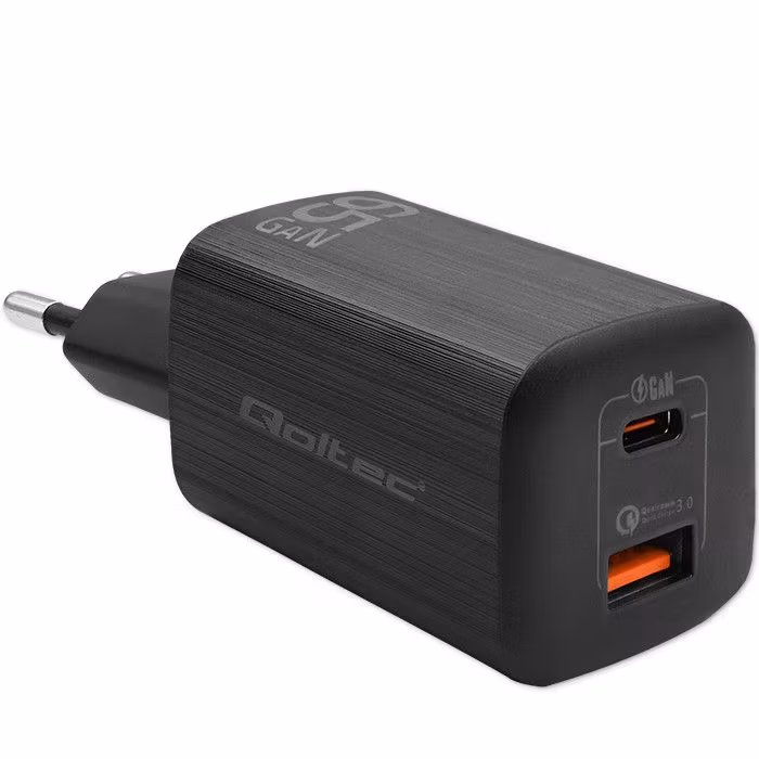 Qoltec GaN ULTRA 65W laddare| 5-20V | 2,25-3,25A | 1 x USB typ C PD | 1x USB QC 3.0 | Svart