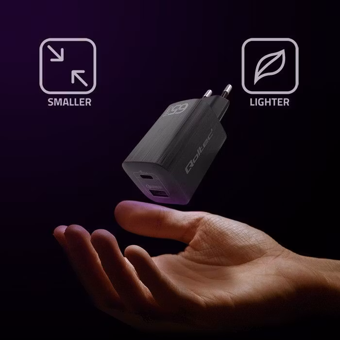 Qoltec GaN ULTRA 65W laddare| 5-20V | 2,25-3,25A | 1 x USB typ C PD | 1x USB QC 3.0 | Svart