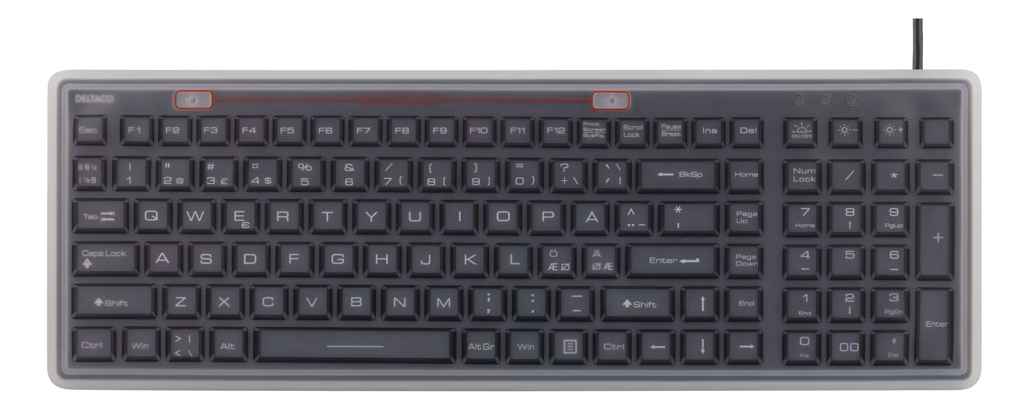 Vattentätt silikontangentbord TB-508 med LED – DELTACO, IP68, Nordisk layout