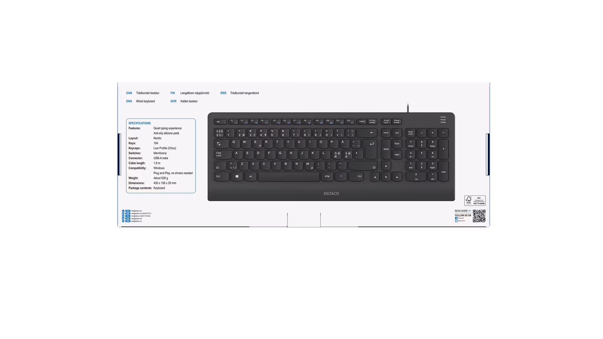 DELTACO TB-803 Tangentbord – Tyst & Trådbundet, Fullstorlek, Nordisk Layout