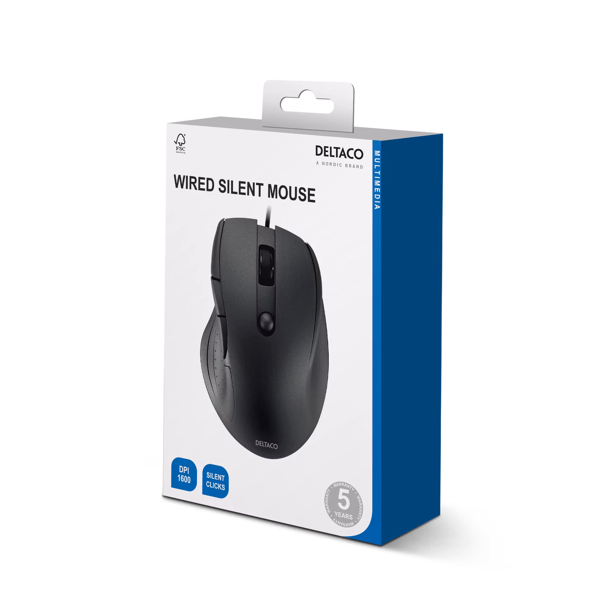 DELTACO MS-807 Tyst Kontorsmus – 5 knappar, 600–1600 DPI, USB