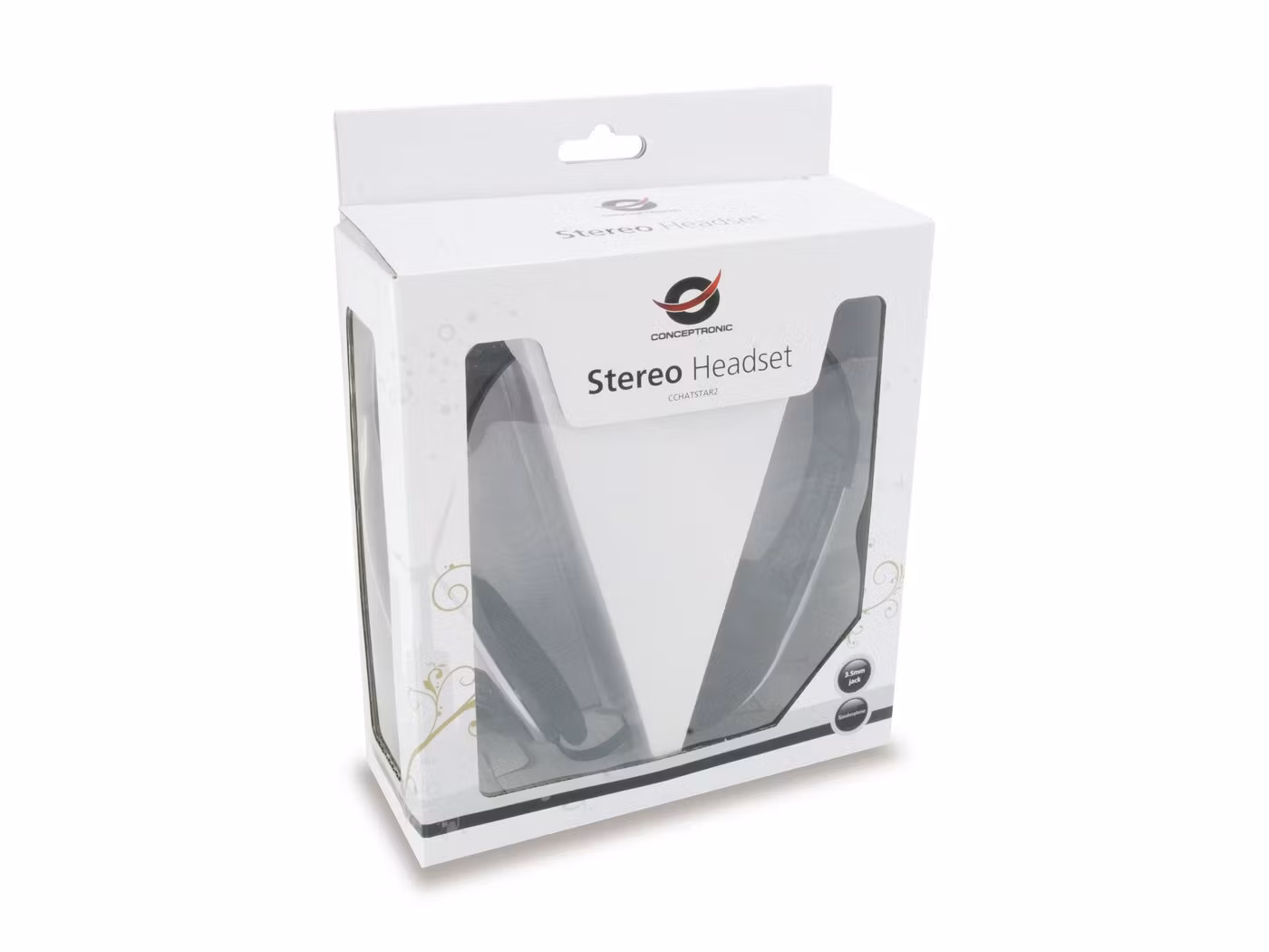 Conceptronic Chatstar Stereoheadset – 3,5 mm, Mikrofon, Volymkontroll, 2 m, Svart/Silver