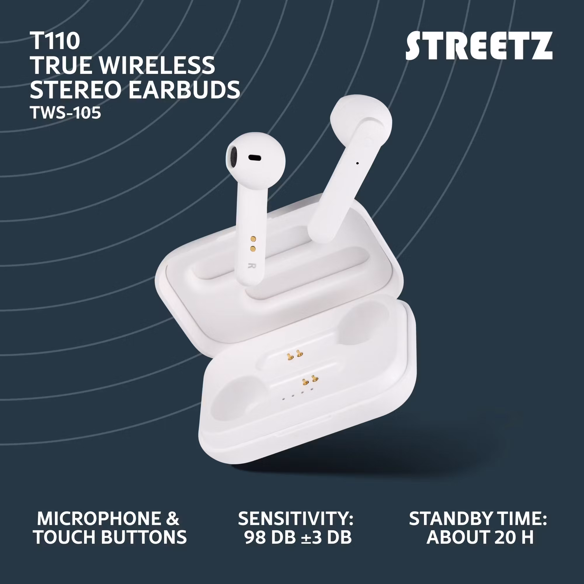 STREETZ TWS-105 True Wireless hörlurar mattvit med Bluetooth 5 och touch-knappar