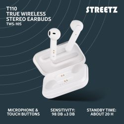 STREETZ TWS-105 True Wireless Hörlurar – Mattvit | Bluetooth 5 och Laddningetui