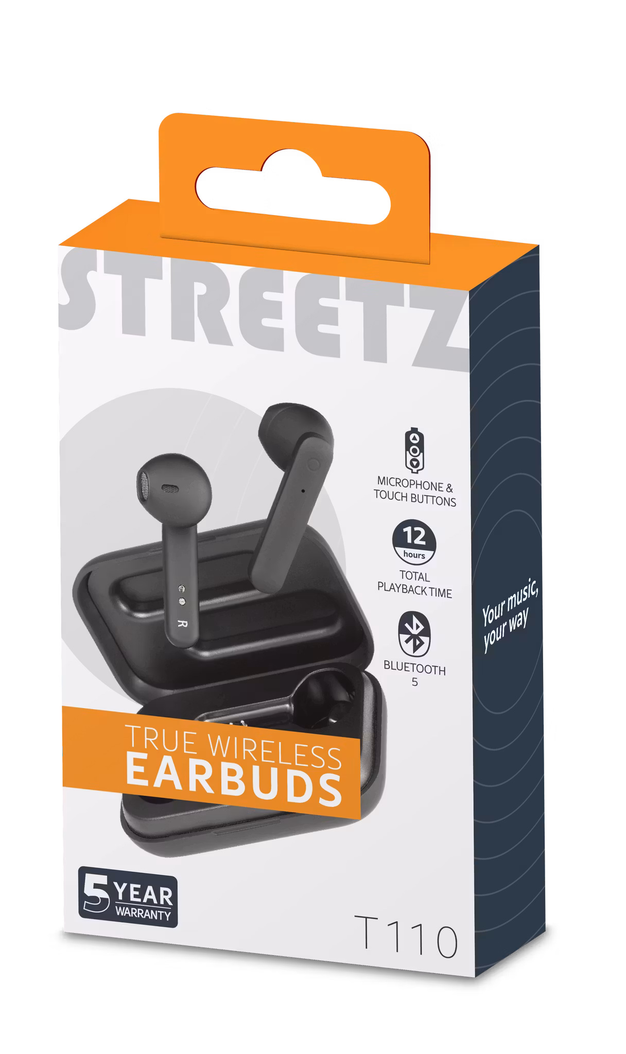 STREETZ TWS-104 True Wireless Hörlurar – Mattsvart | Bluetooth 5 och Laddningetui