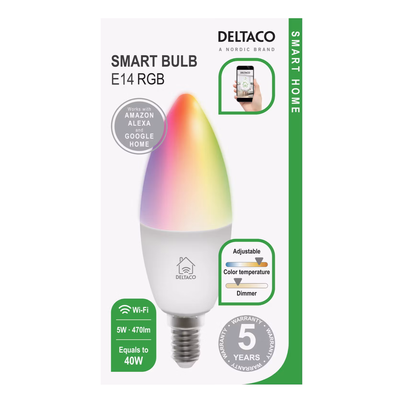 DELTACO Smart LED-lampa E14 RGB – WiFi, Dimbar & Röststyrd