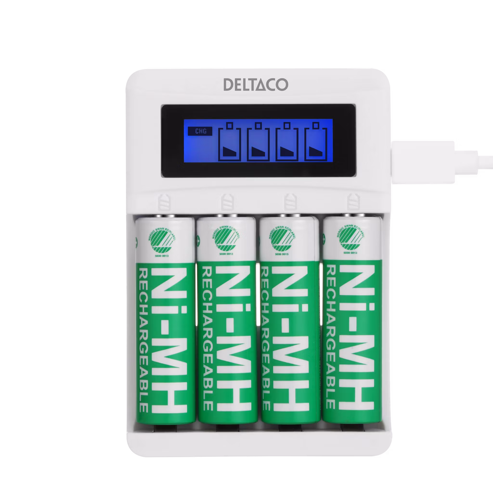 Deltaco USB-Laddare inkl. 4x AA-batterier (C704A4-4xAA) – Komplett Kit
