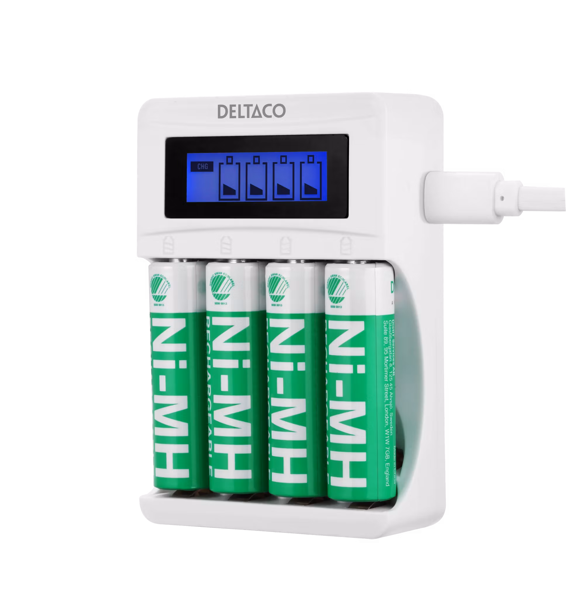 Deltaco USB-Laddare inkl. 4x AA-batterier (C704A4-4xAA) – Komplett Kit