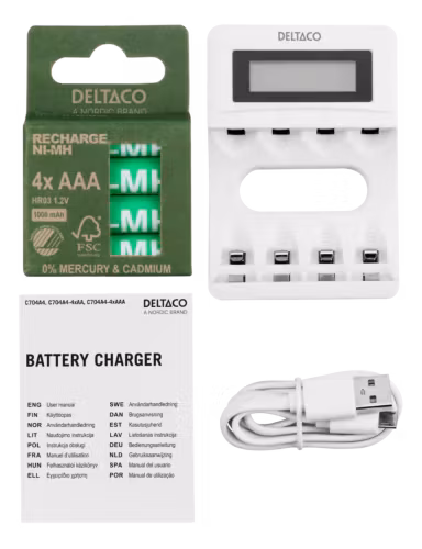 Deltaco USB-Laddare inkl. 4x AAA-batterier (C704A4-4xAAA) – Miljövänligt Kit