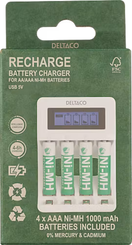 Deltaco USB-Laddare inkl. 4x AAA-batterier (C704A4-4xAAA) – Miljövänligt Kit