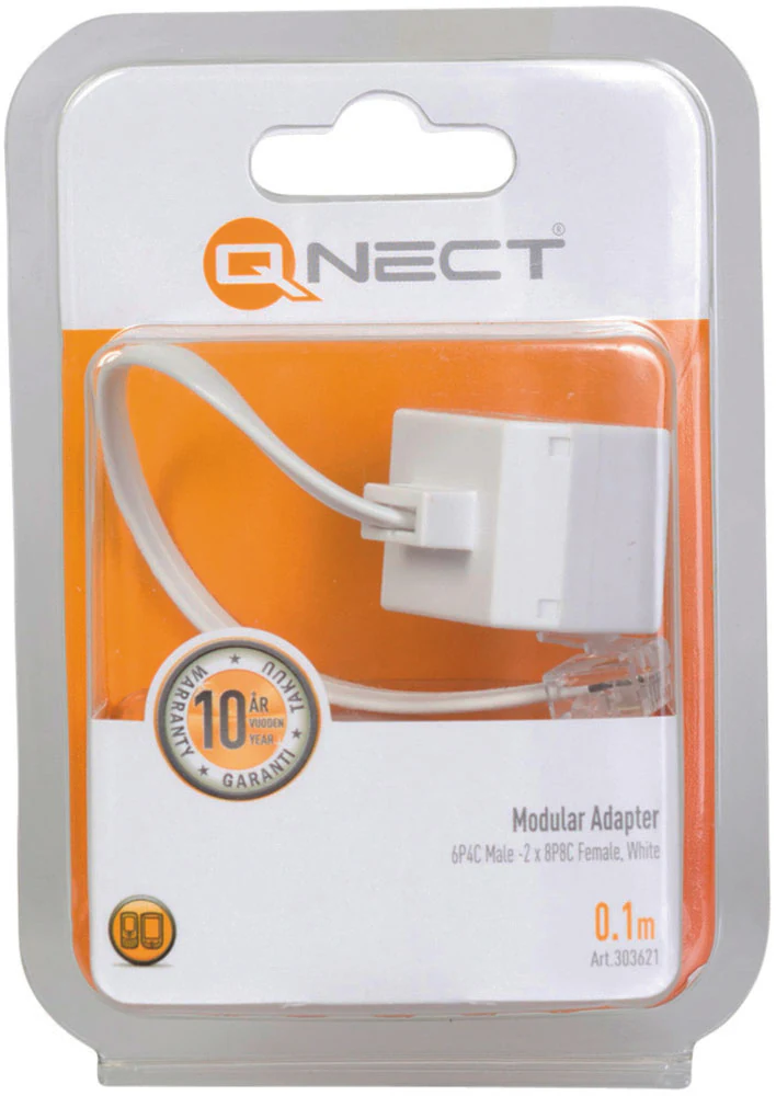 QNECT Modularadapter – 6P8C Hane till 2x 8P8C Hona (Vit)