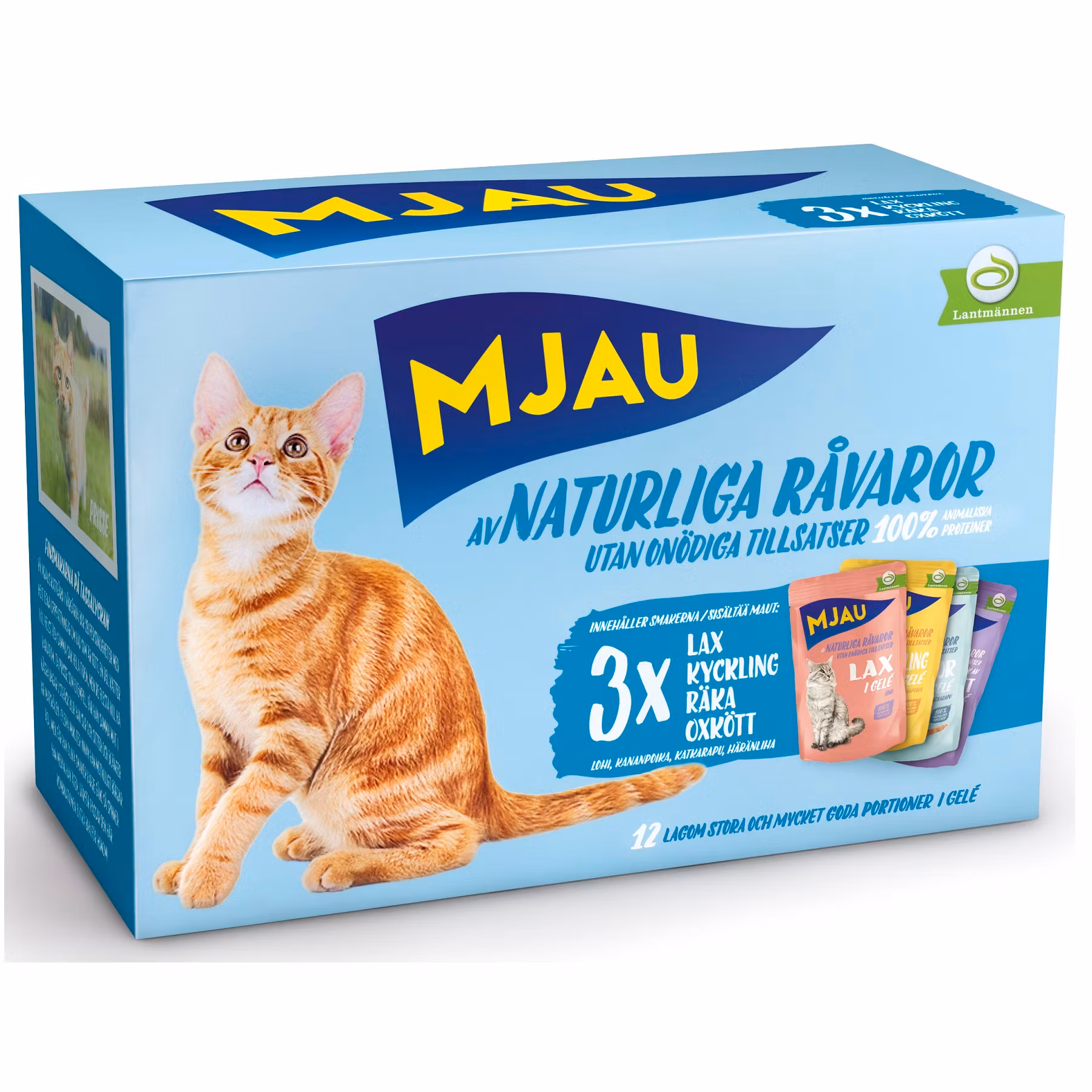 Mjau Bitar i Gelé med Kött och Fisk 12x85g Kattmat