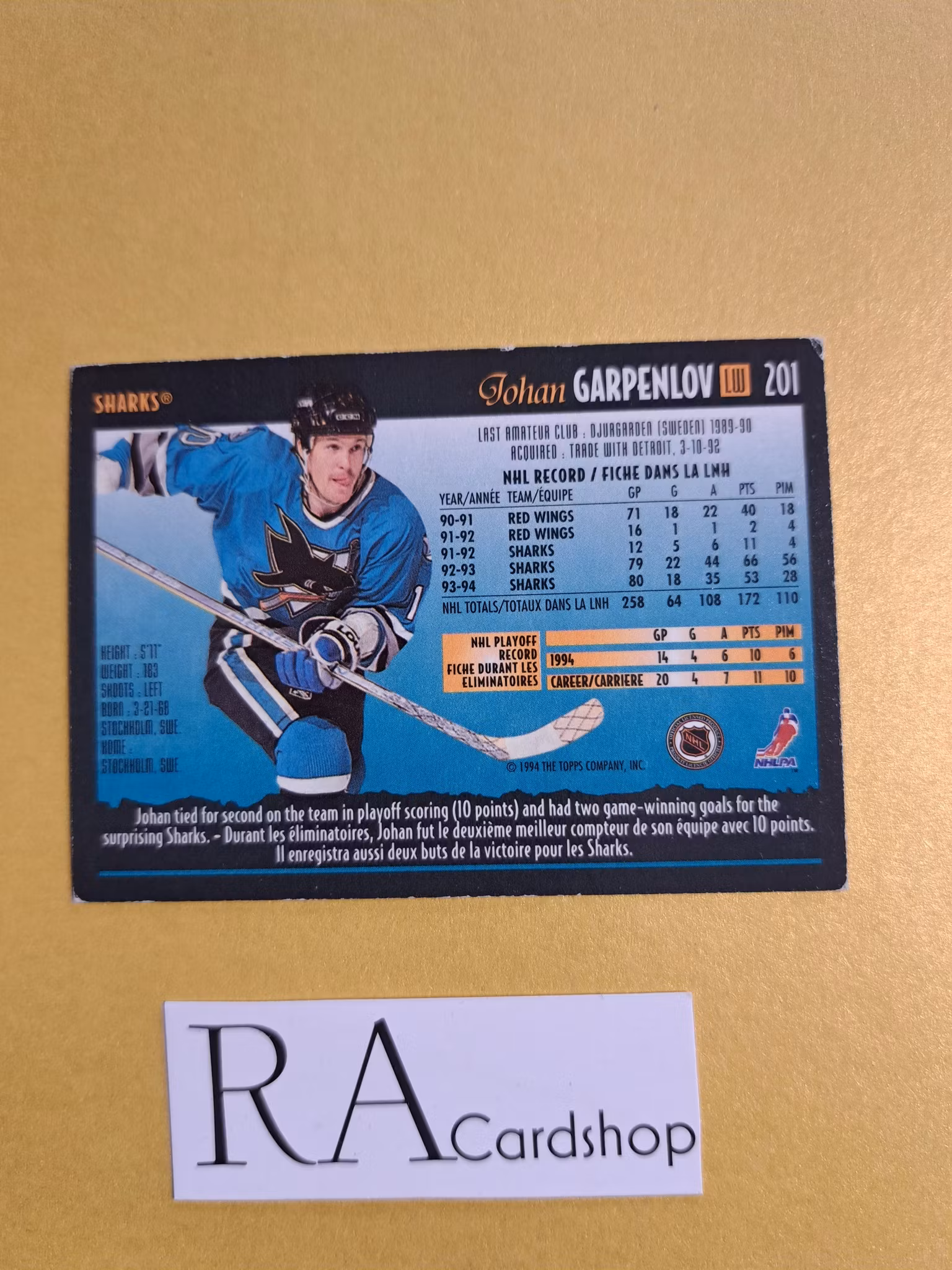 Johan Garpenlöv 94-95 Topps Premier #201 NHL Hockey