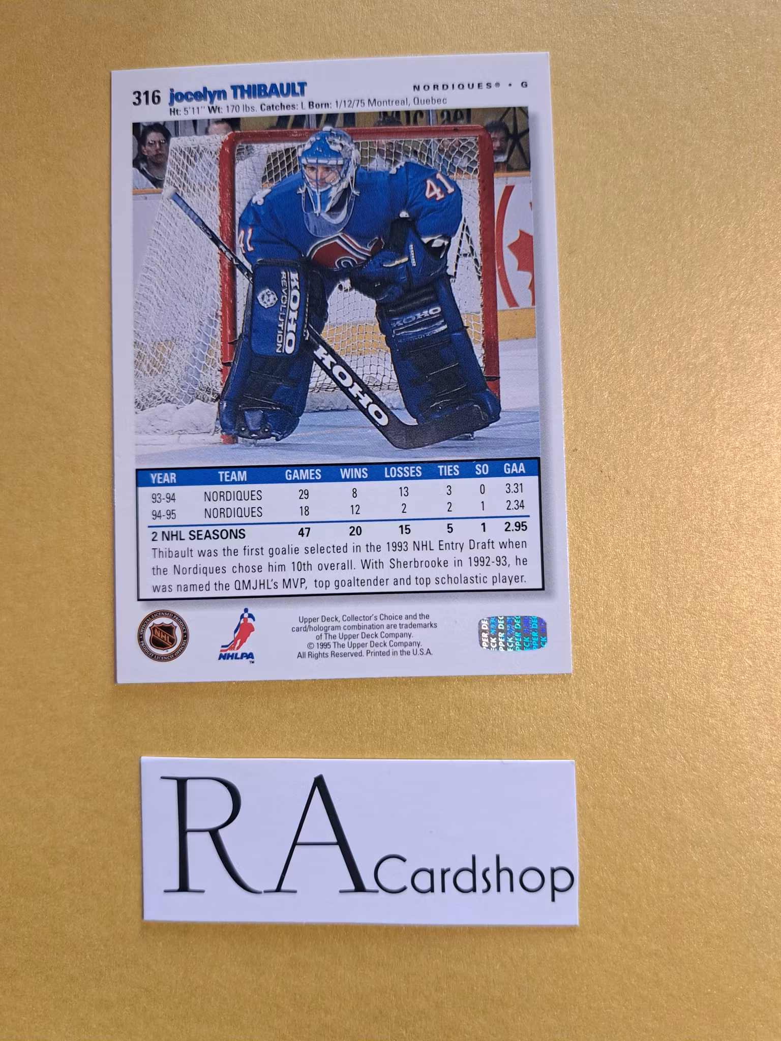 Jocelyn Thibault 95-96 Upper Deck Choice #316 NHL Hockey
