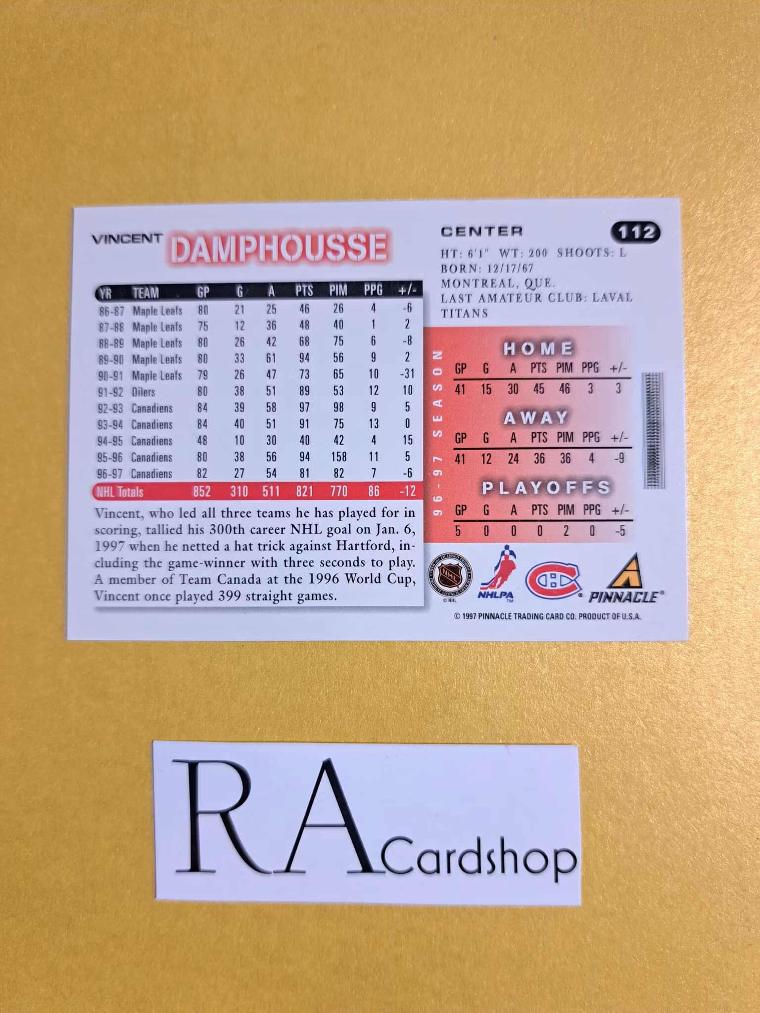 Vincent Damphousse 97-98 Score Pinnacle #112 NHL Hockey