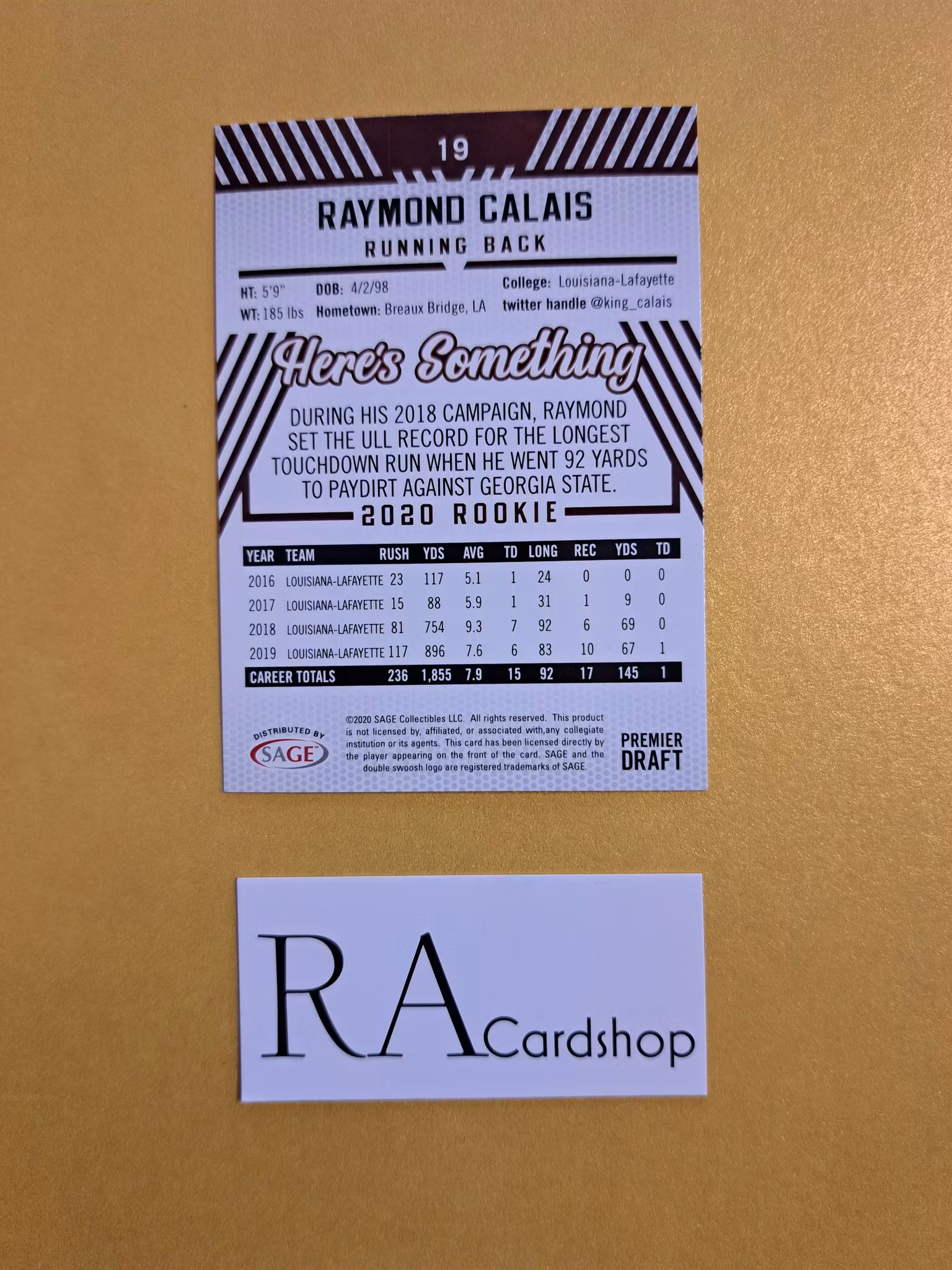 Raymond Calais #19 2020 Rookie Sage Hit Premier Draft