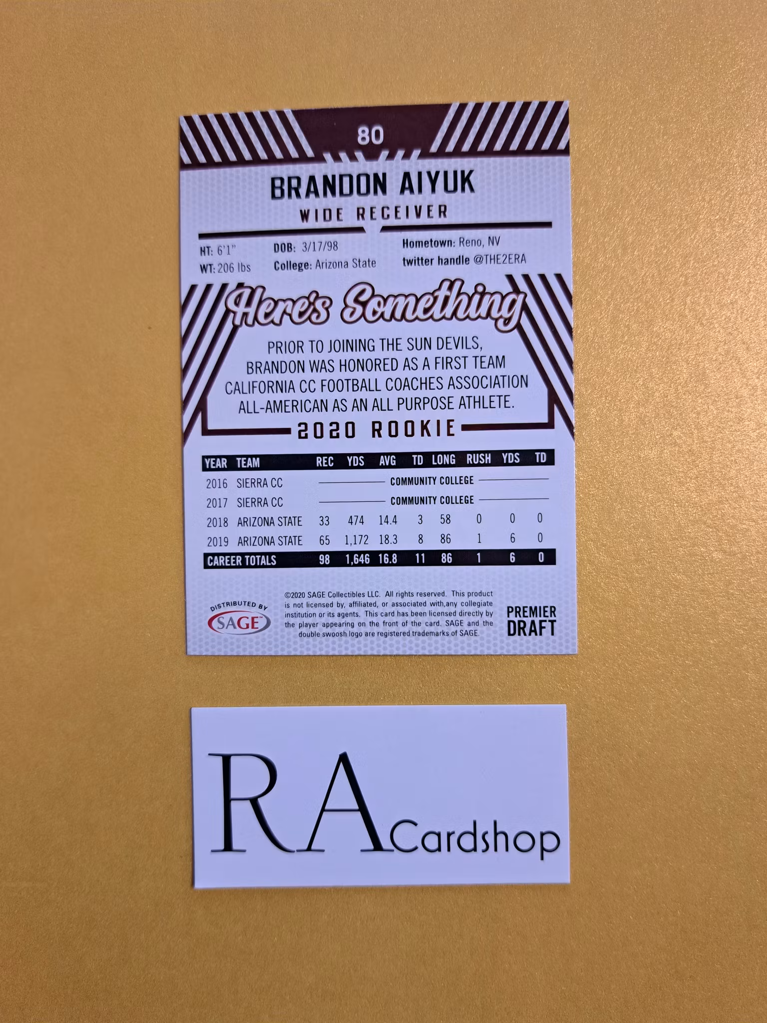 Brandon Aiyuk #80 2020 Rookie Sage Hit Premier Draft