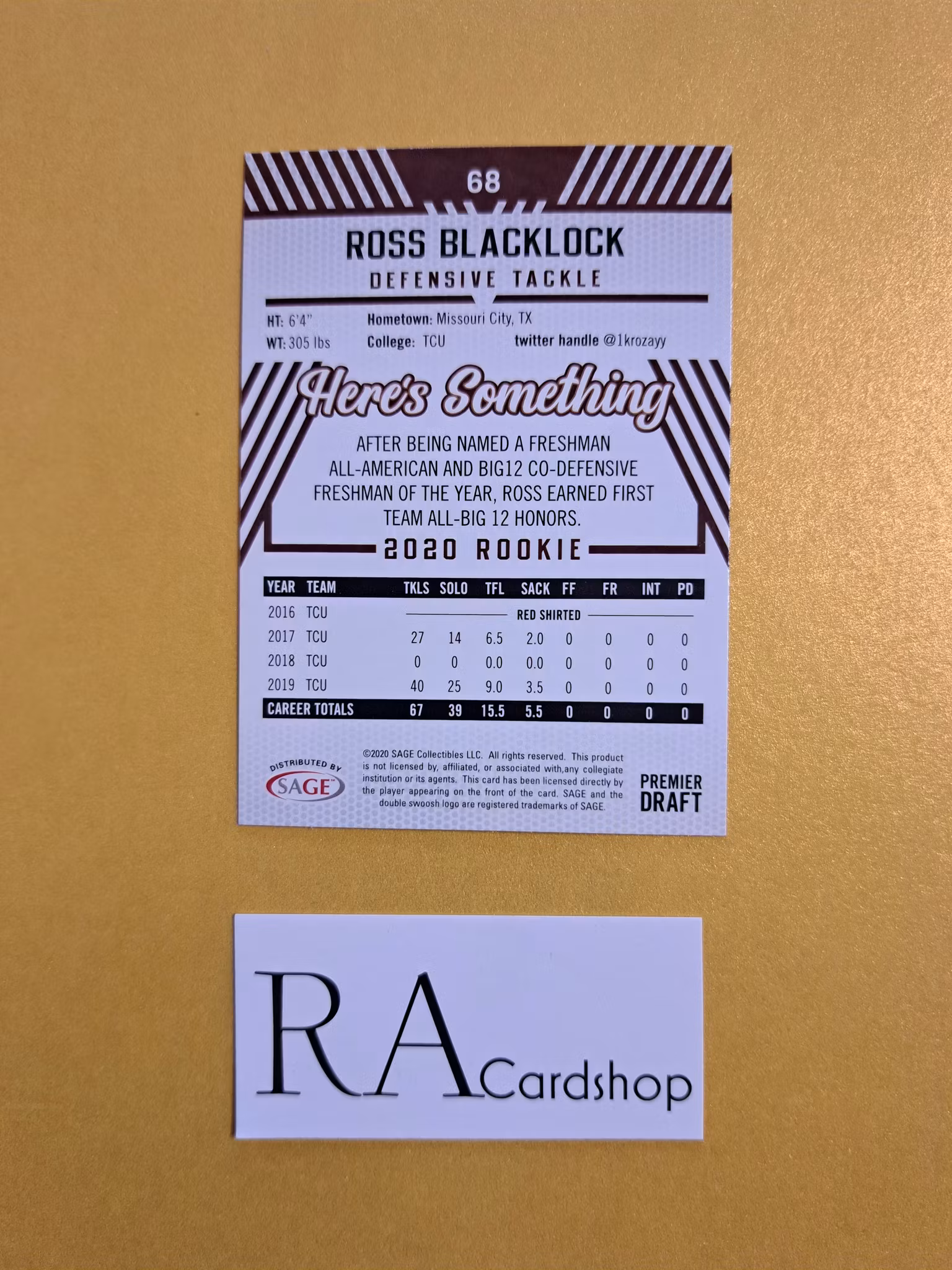 Ross Blacklock #68 2020 Rookie Sage Hit Premier Draft