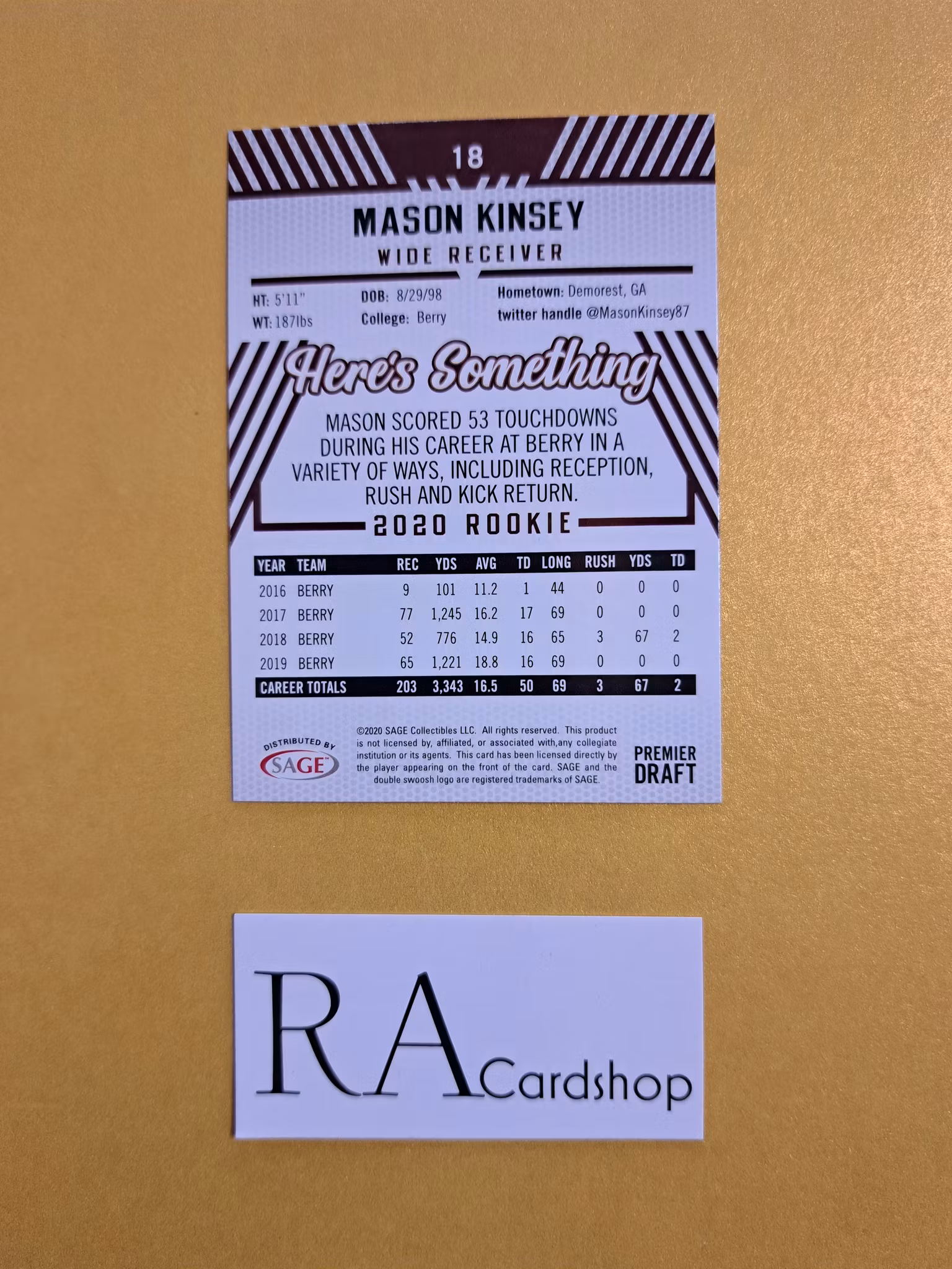 Mason Kinsey #18 2020 Rookie Sage Hit Premier Draft